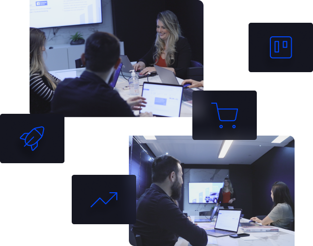 Imagem que contém duas fotos de pessoas reunidas em um escritório conversando juntamente com ilustrações de ícones como: foguete, carrinho, indicador de crescimento de gráfico e de uma planilha.