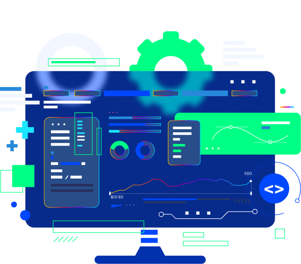 Ilustração de um monitor a onde está sendo mostrado gráficos, engrenagens, e tabelas. Atrás desse monitor, tem a palavra 'Projeto'.