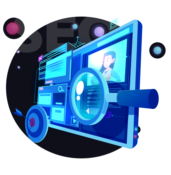 Ilustração de uma tela de computador com seus elementos saltando da tela, além disso, aparece uma lupa e um alvo em cima dos conteúdos da tela e escrito 'SEO' atrás da tela.