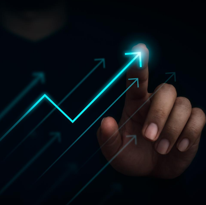 Imagem de uma mão masculina com o dedo indicador apontado para frente junto com ilustração de indicadores de crescimento de gráfico na cor azul marinho espalhados pela imagem.