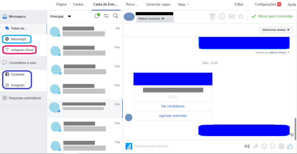 Exemplo de caixa de entrada do Facebook